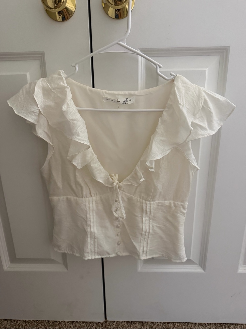 Altar'd State Cream Ruffle V‑Neck Button Front Blouse